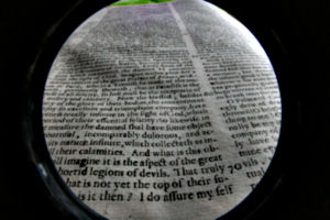 [picture: Closeup words 9: horrid legions of devils (wide-angle fish-eye)]