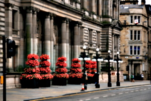 [picture: Neoclassical entrance with carefully manicured flowers]