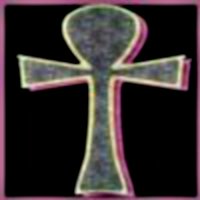 [picture: Granite ankh with neon pink lighting and a black background]